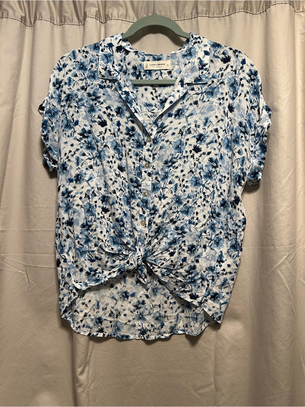Lucky Brand White and Blue Floral Tie-Front Button Down Shirt